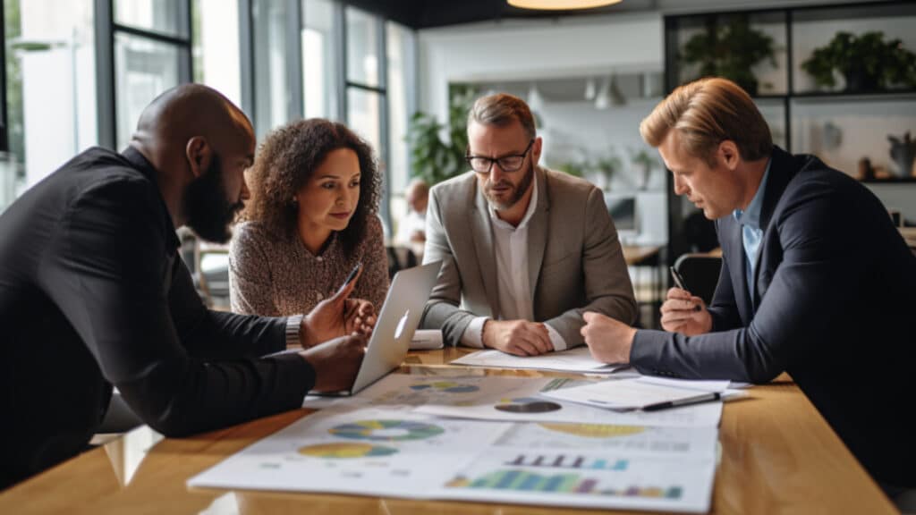 4 people brainstorming with graphs and charts seen at table