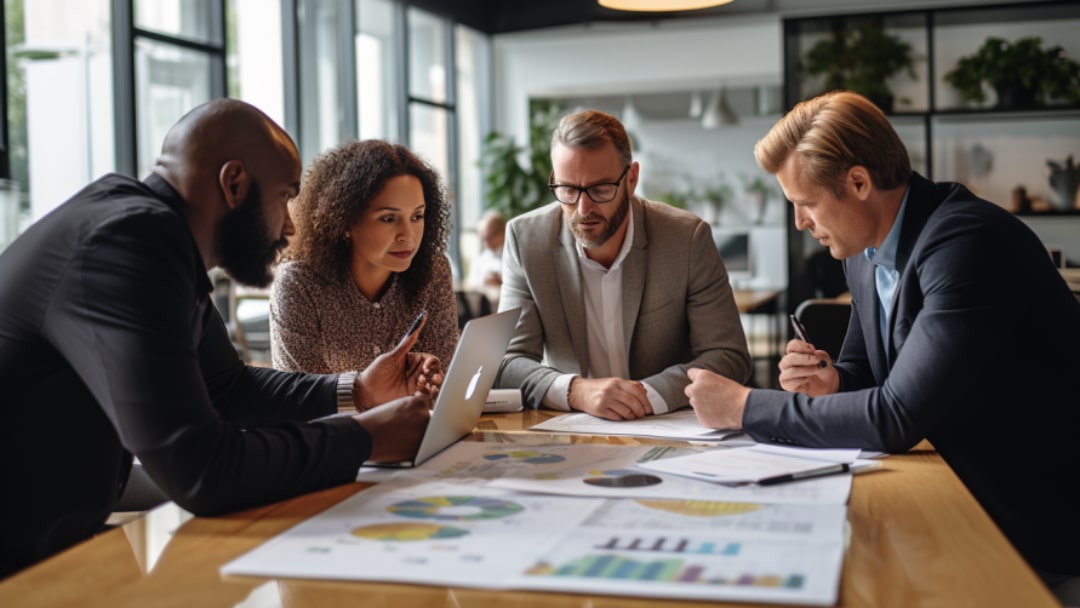 4 people brainstorming with graphs and charts seen at table